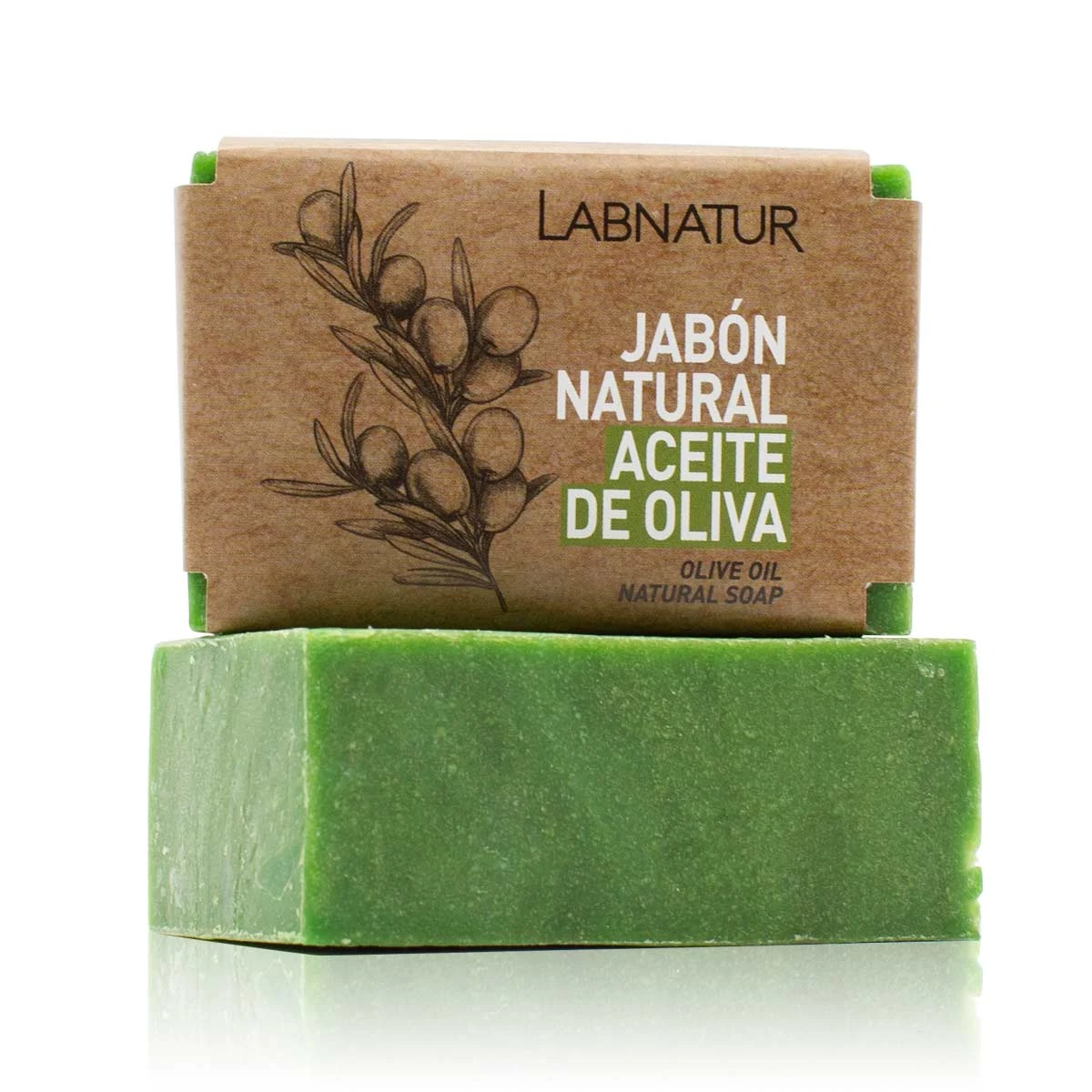 jabon natural de aceite de oliva labnatur verde con banda de papel kraft