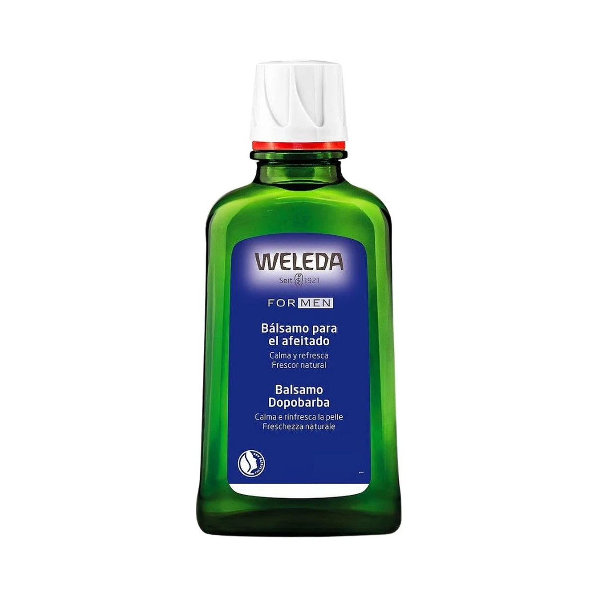 bálsamo para después del afeitado weleda for men en frasco de cristal verde de 100 ml
