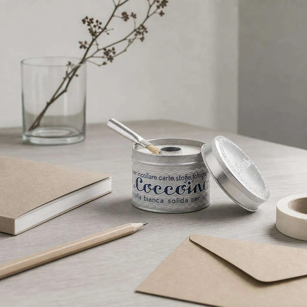 cola blanca natural coccoina en un escritorio con cuaderno, lapiz de madera y sobre kraft
