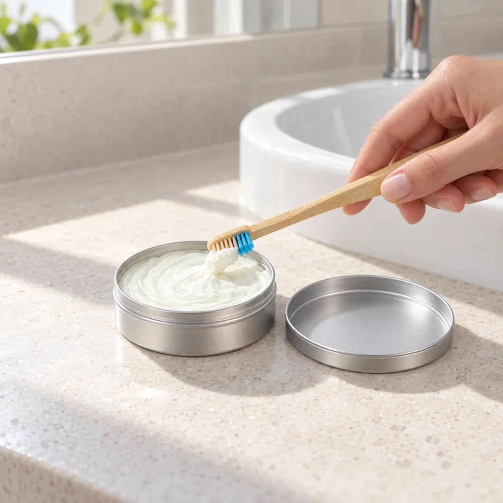 mano tocando con las cerdas húmedas de un cepillo de bambú la pasta de dientes en su lata de aluminio, junto al lavabo