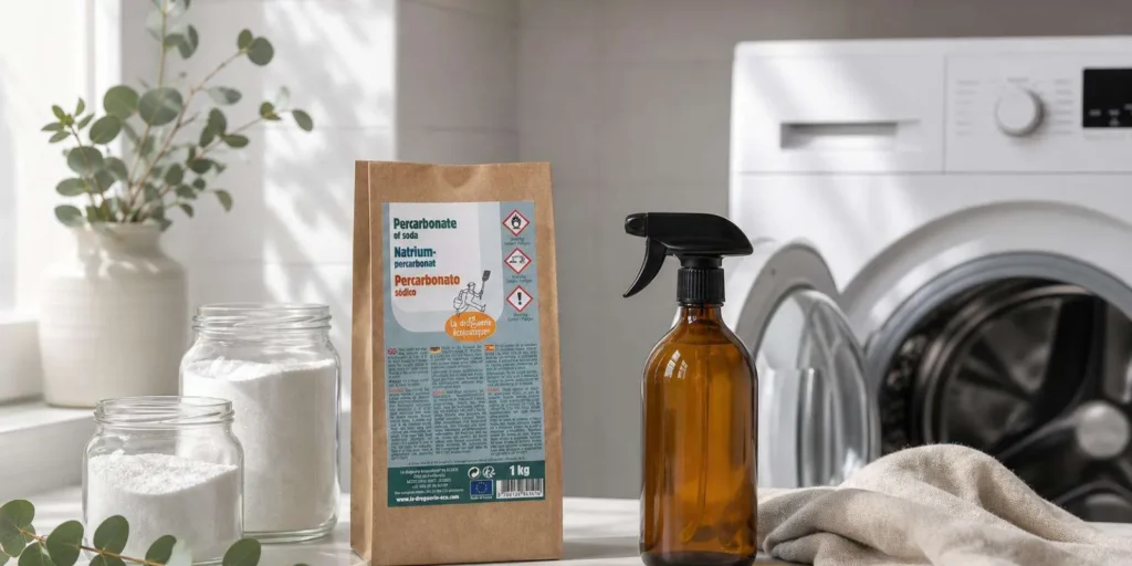 Lavadora con la puerta abierta junto a tarros de vidrio con percarbonato y ácido cítrico para una limpieza natural
