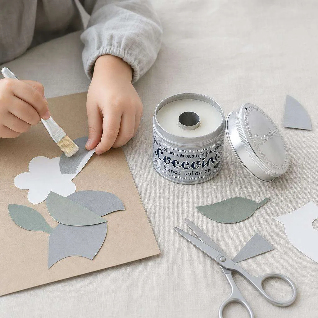 manos de niño haciendo un collage con la cola blanca natural coccoina