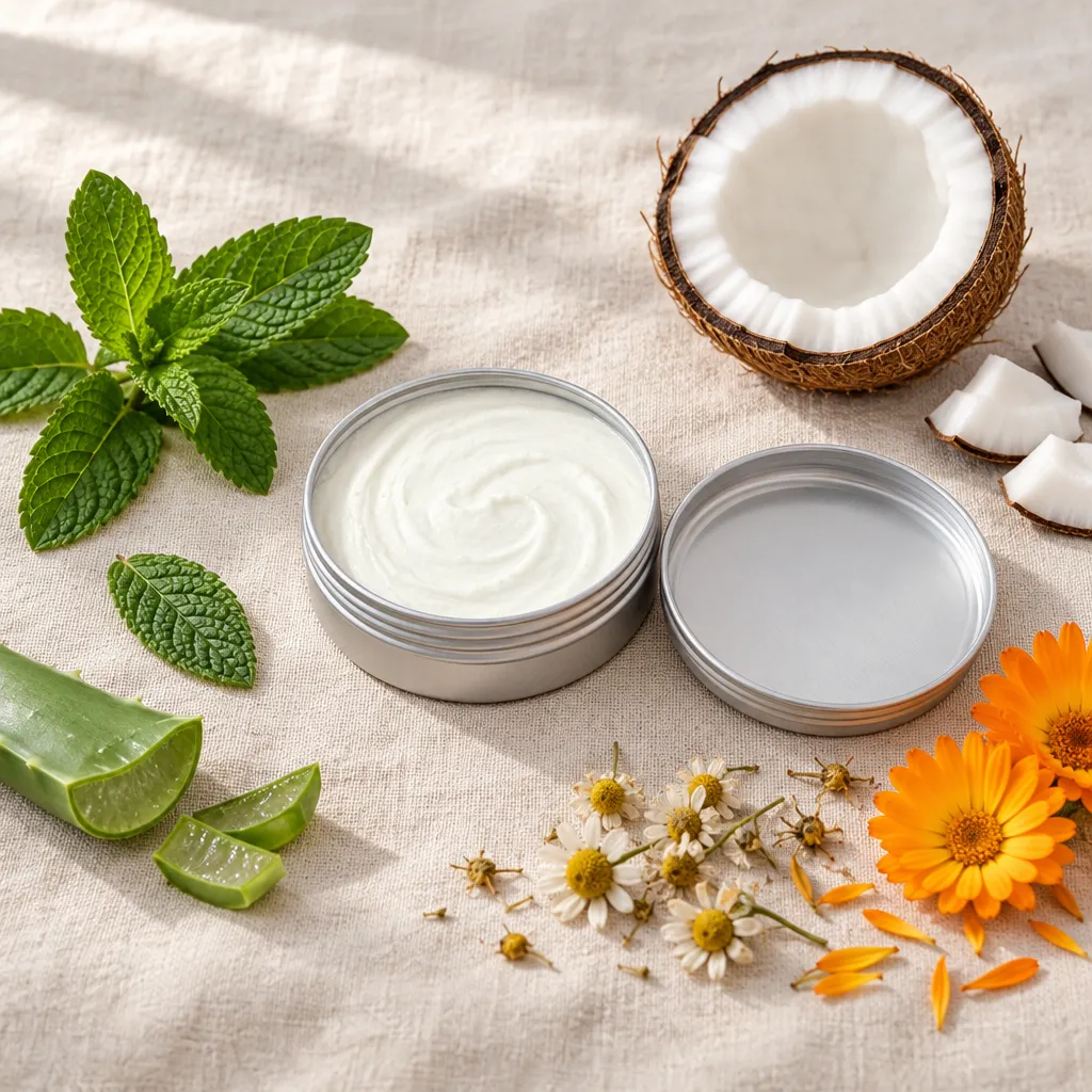 lata de aluminio abierta con pasta de dientes blanca junto a menta, aloe vera, coco, manzanilla y caléndula sobre lino