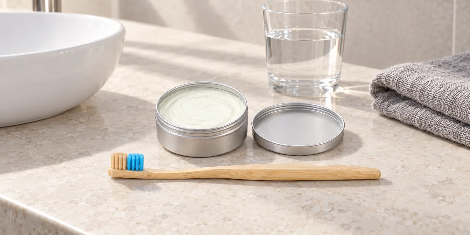 encimera de un baño sobrio con la lata de pasta de dientes abierta, un cepillo de bambú, un vaso de agua y una toalla de lino