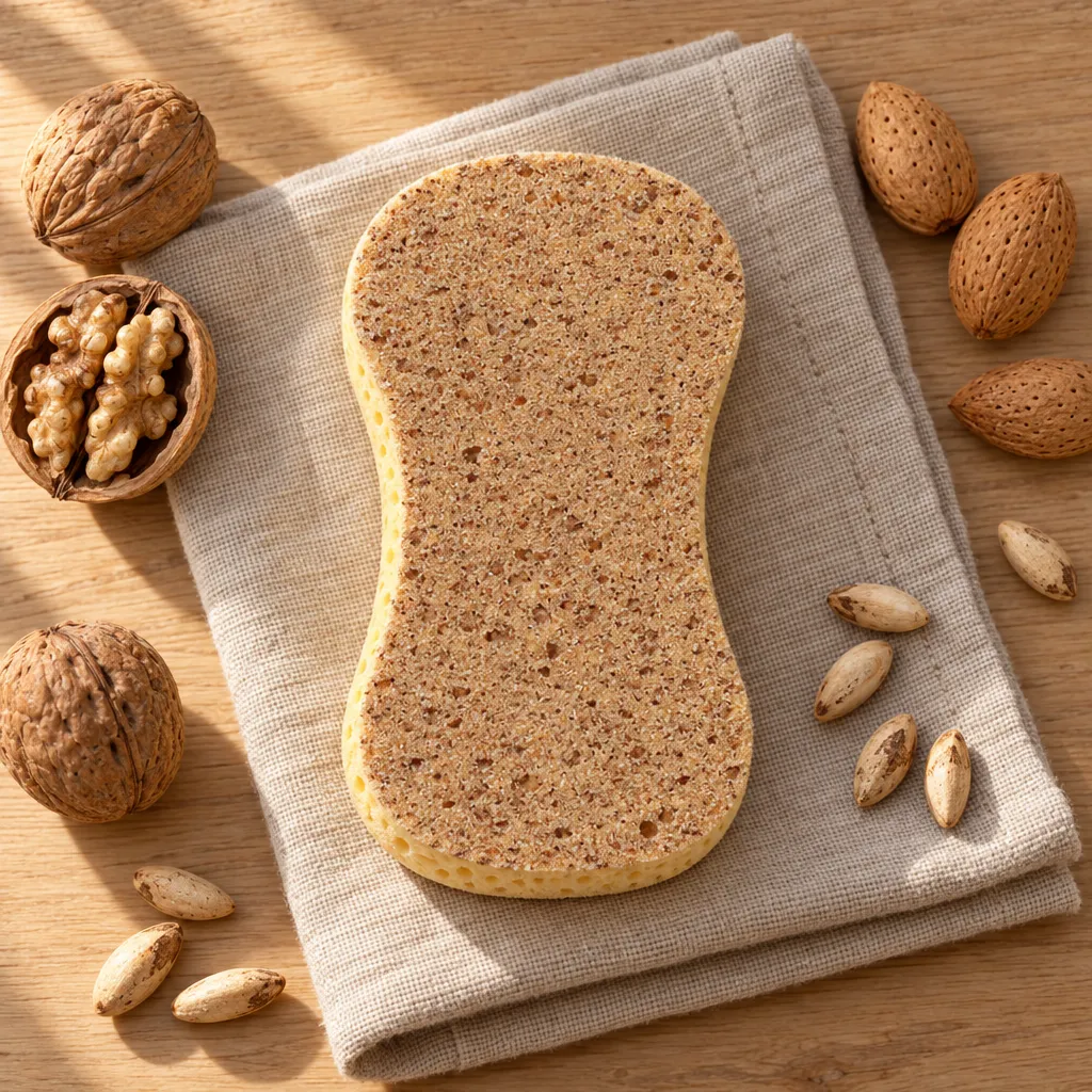 esponja de cáscara de fruta sobre un paño de lino junto a nueces y almendras con cáscara