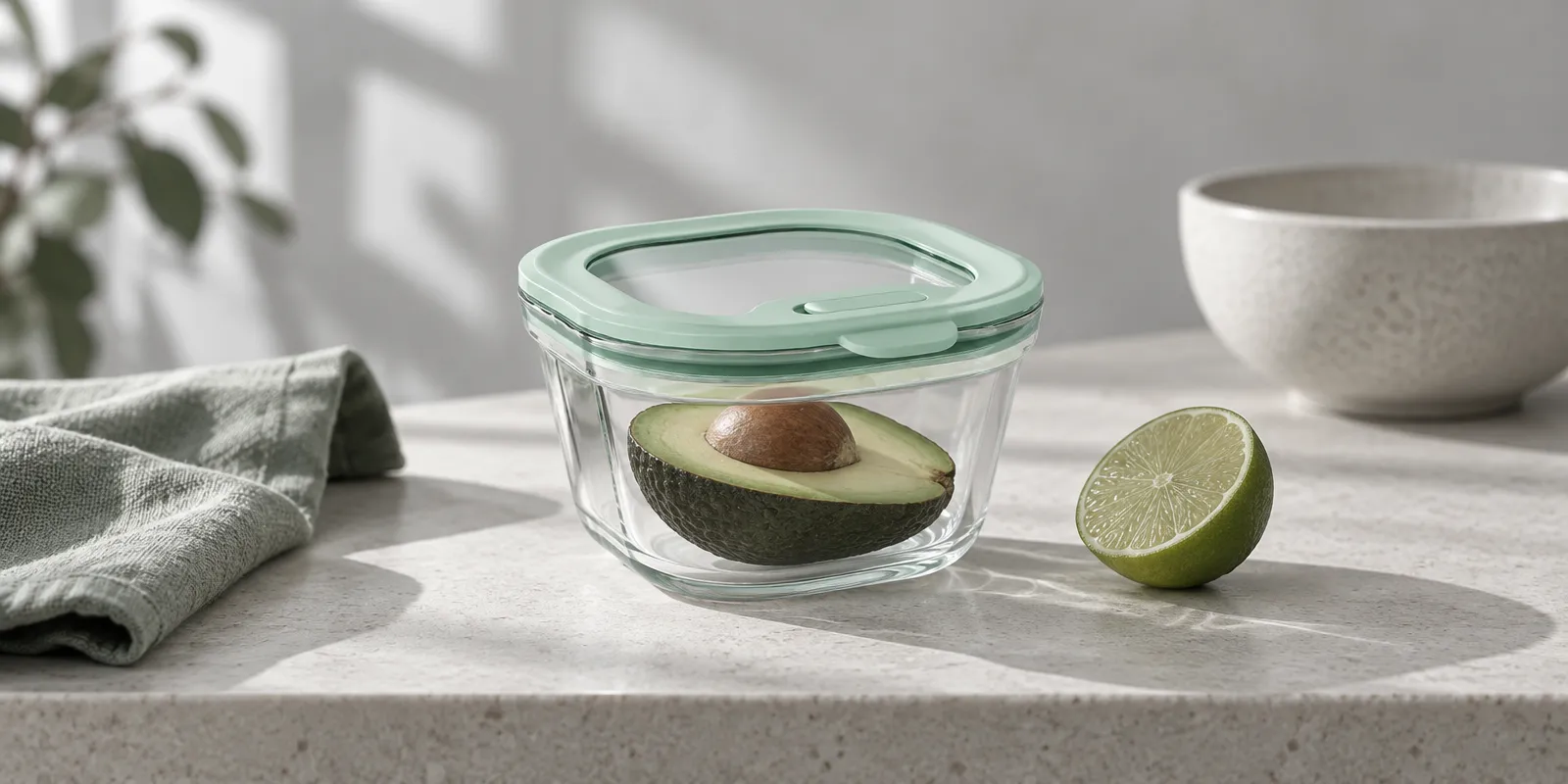 Táper de vidrio pequeño con medio aguacate y media lima sobre una repisa de piedra clara
