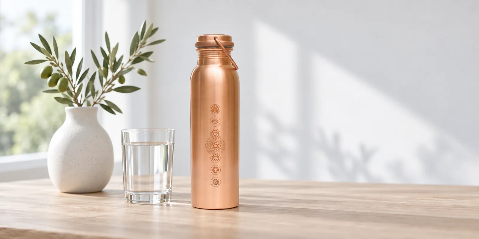 botella de cobre de 950 ml sobre una mesa de madera junto a un vaso de agua y una rama de olivo