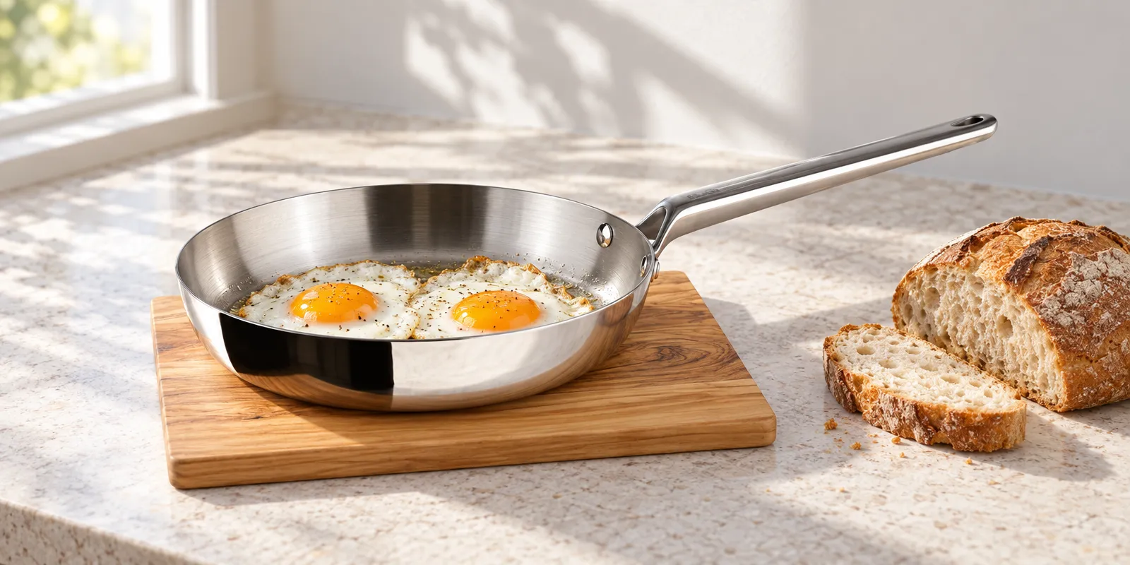 sartén de acero inoxidable con dos huevos fritos sobre una tabla de madera de olivo, junto a una hogaza de pan, con luz de mañana