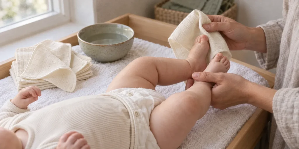 Bebé con pañal de tela sobre el cambiador mientras un adulto le sostiene los pies y una toallita de algodón