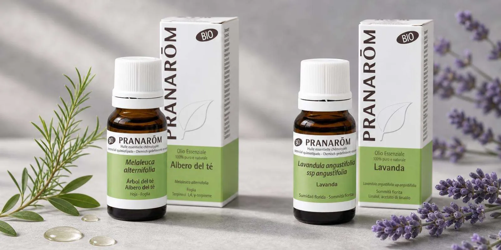 Aceite esencial de árbol de té y de lavanda con ramitas de lavanda fresca sobre superficie clara