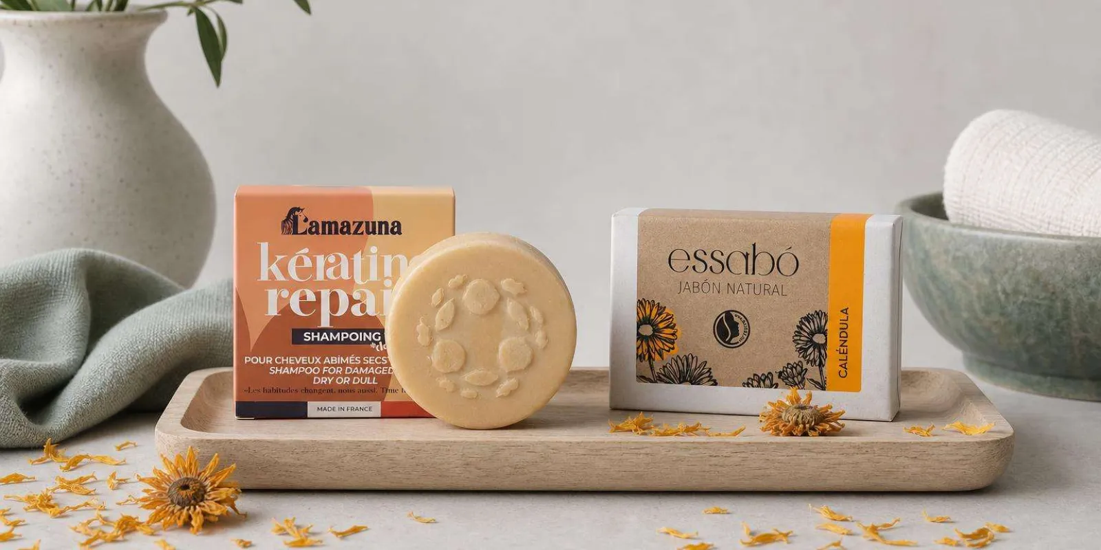 Selección de productos sólidos naturales anticaspa sobre bandeja de madera: champú, mascarilla y jabón de caléndula