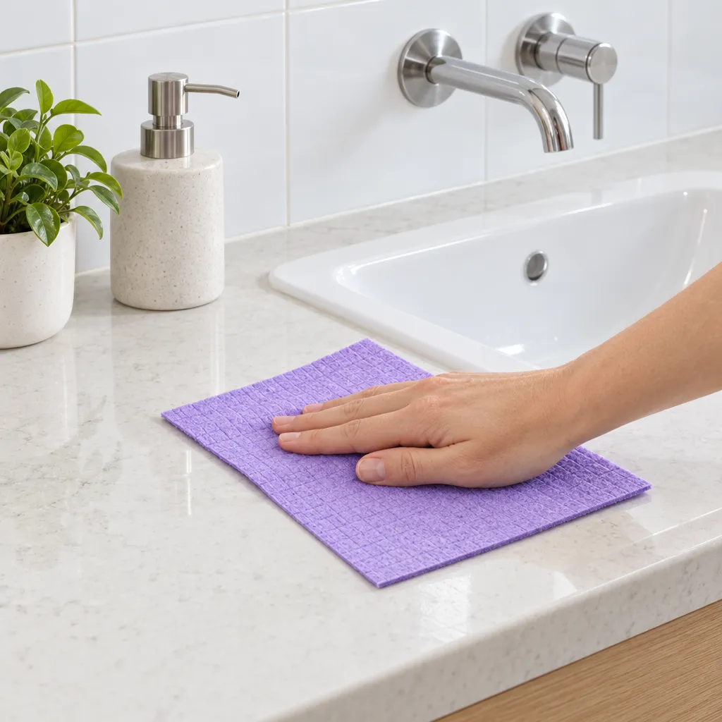 mano limpiando la encimera del baño con la bayeta lila de celulosa y algodón