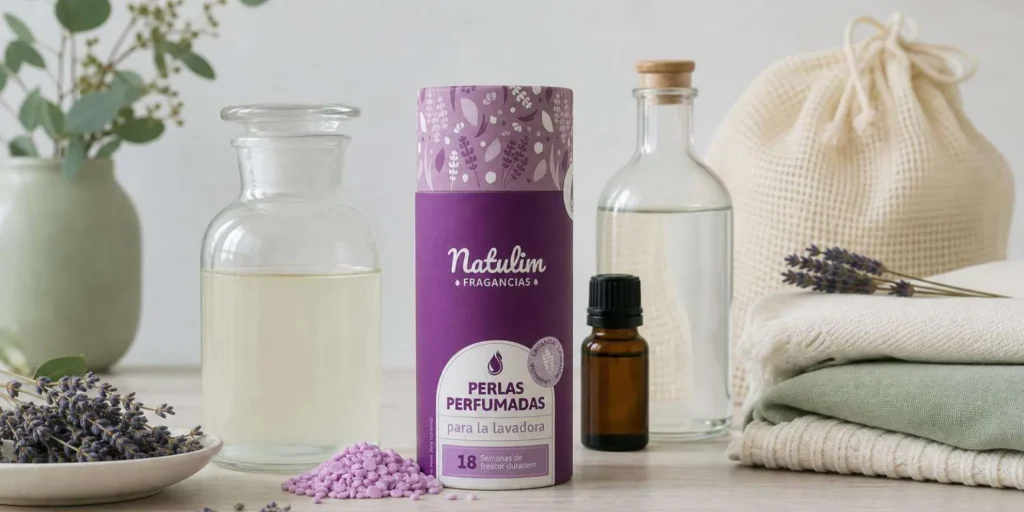 Bote de cristal con suavizante casero de vinagre y aceite esencial de lavanda sobre superficie de madera clara con flores secas de lavanda