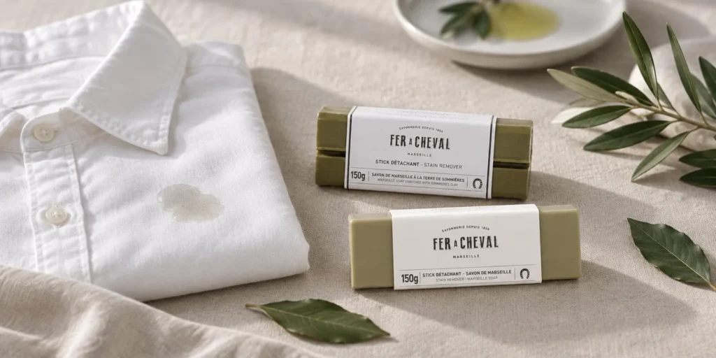 Camisa blanca con una mancha de aceite junto a dos pastillas de jabón quitamanchas sobre lino crudo