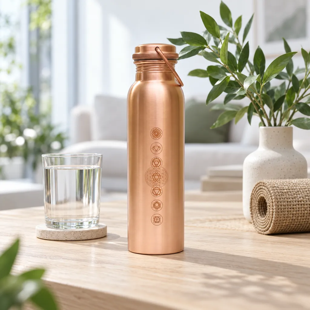 botella de cobre de 950 ml sobre una mesa de madera junto a un vaso de agua