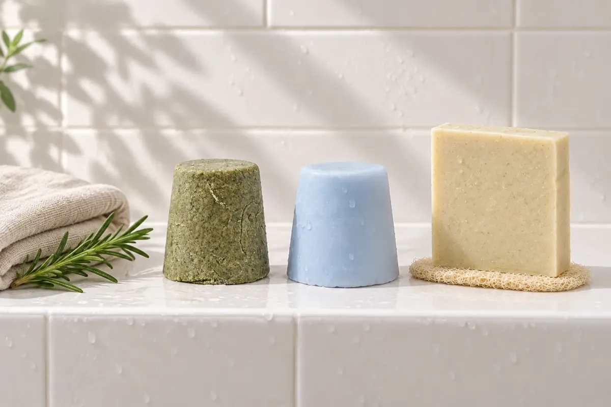Champú, acondicionador y jabón sólidos en una repisa de ducha con jabonera de luffa