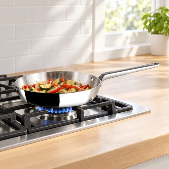 sartén de acero inoxidable de 5 capas sobre un fuego de gas con verduras salteándose