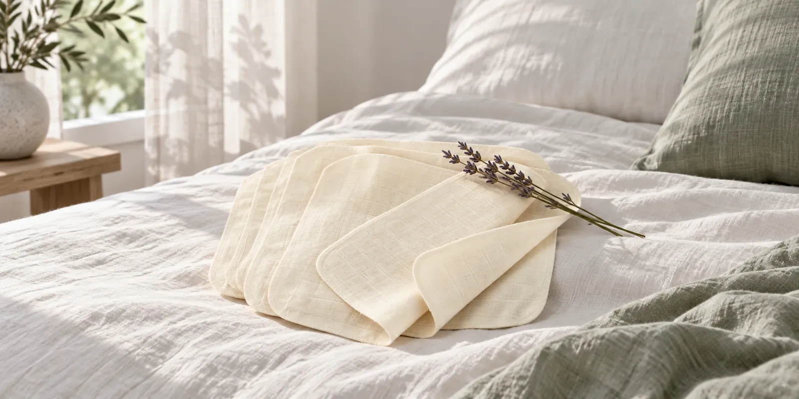 Toallitas reutilizables de algodón orgánico sobre una cama con luz suave de mañana