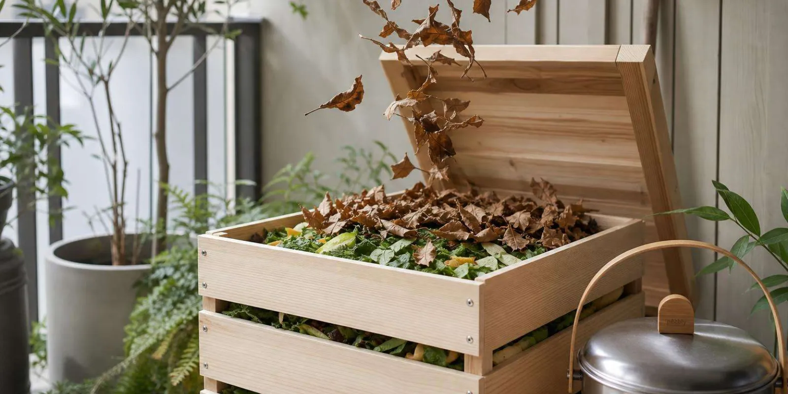 Capas alternas de restos verdes y hojas secas en un compostador de madera en el balcón