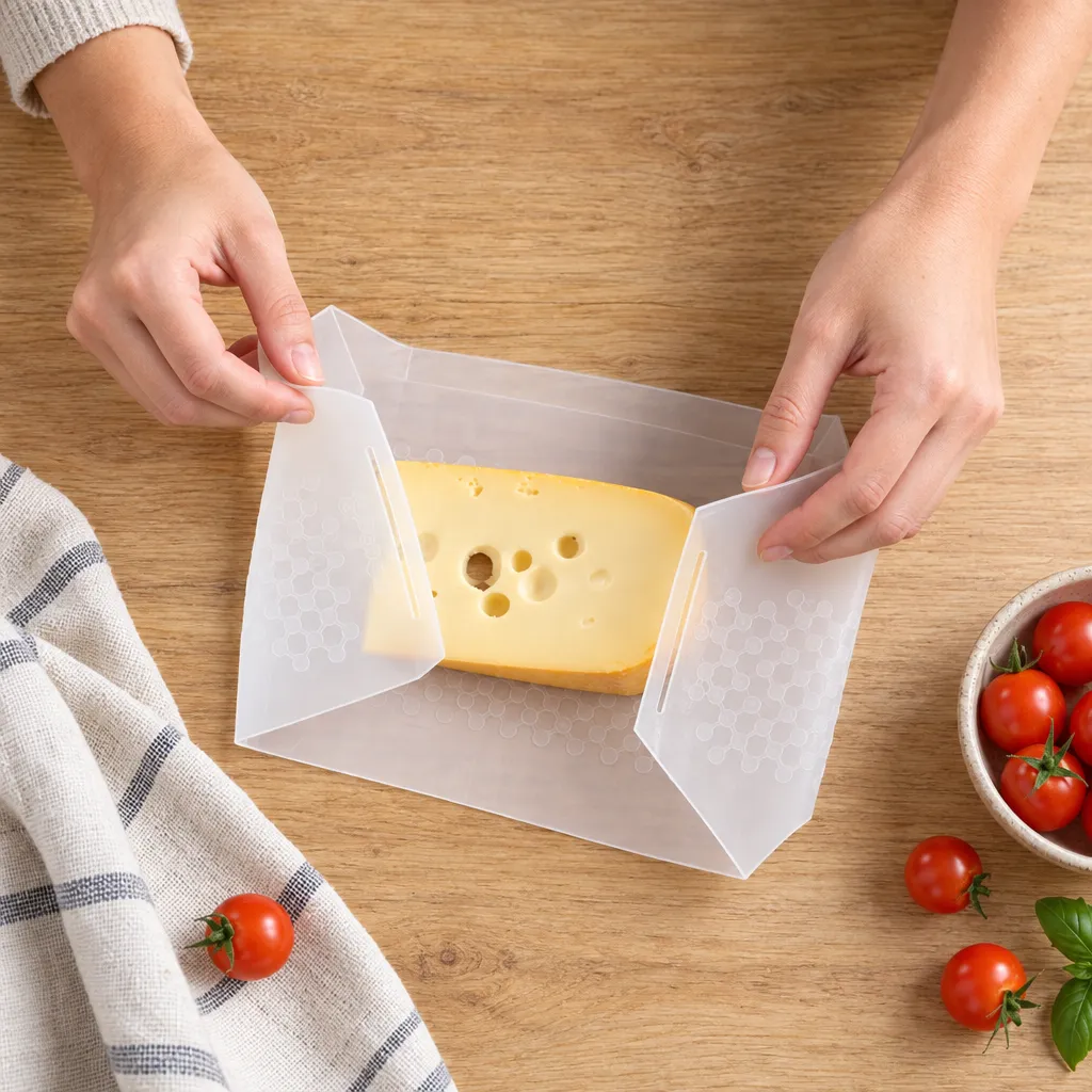 manos cerrando el envoltorio de silicona Good Wrap alrededor de una cuña de queso