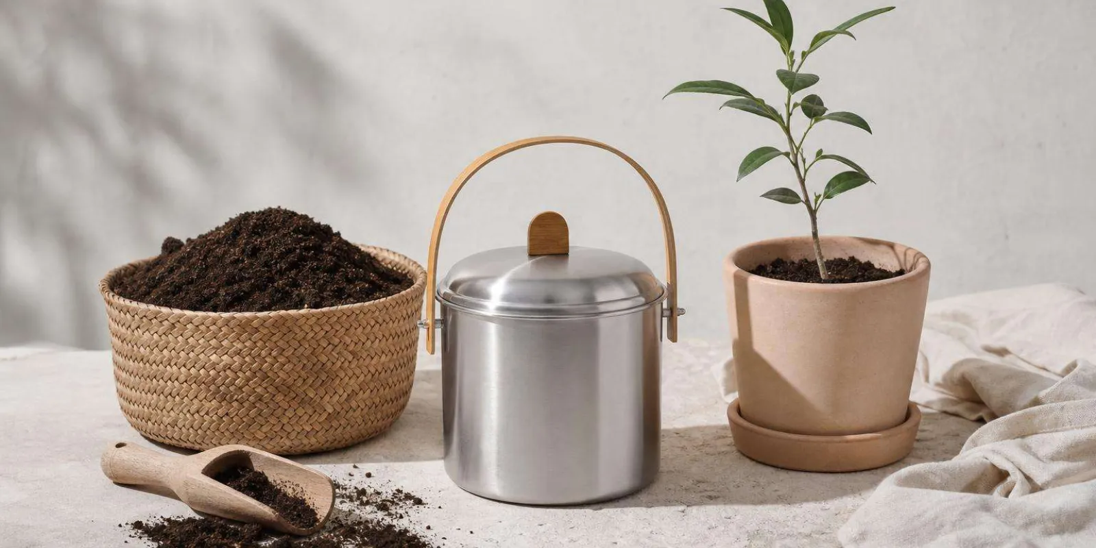 Compost maduro oscuro y suelto en una cesta junto a una planta recién trasplantada