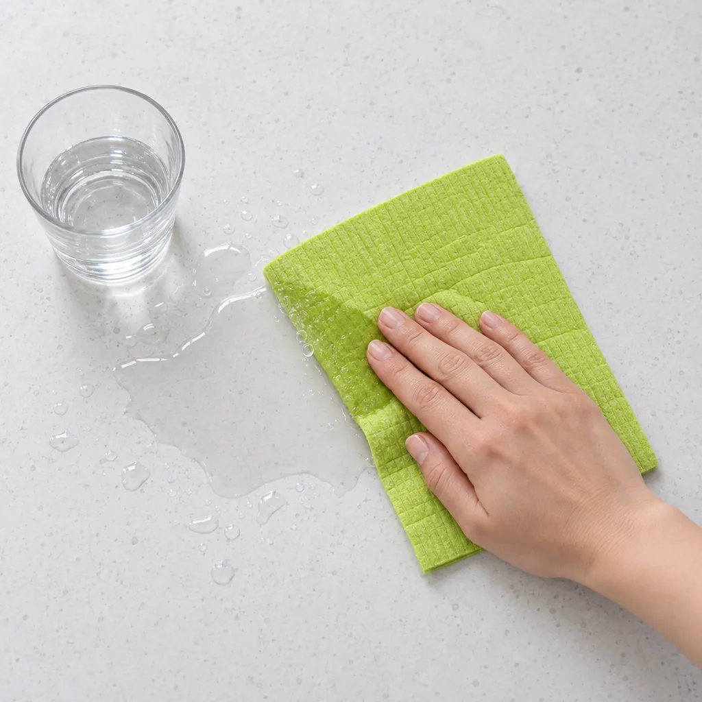 mano recogiendo agua derramada de la encimera con una bayeta verde de celulosa y algodón