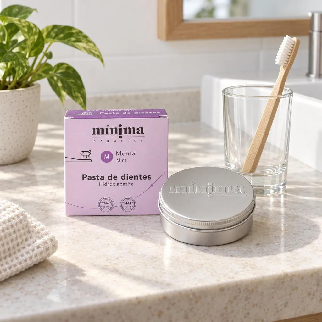 lata de pasta de dientes con hidroxiapatita Mínima Organics en la encimera del baño