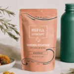 Sobre de champú natural anticaspa en polvo y botella de aluminio verde sobre superficie de lino con caléndula y romero secos