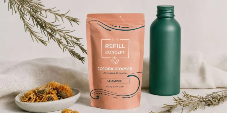 Sobre de champú natural anticaspa en polvo y botella de aluminio verde sobre superficie de lino con caléndula y romero secos