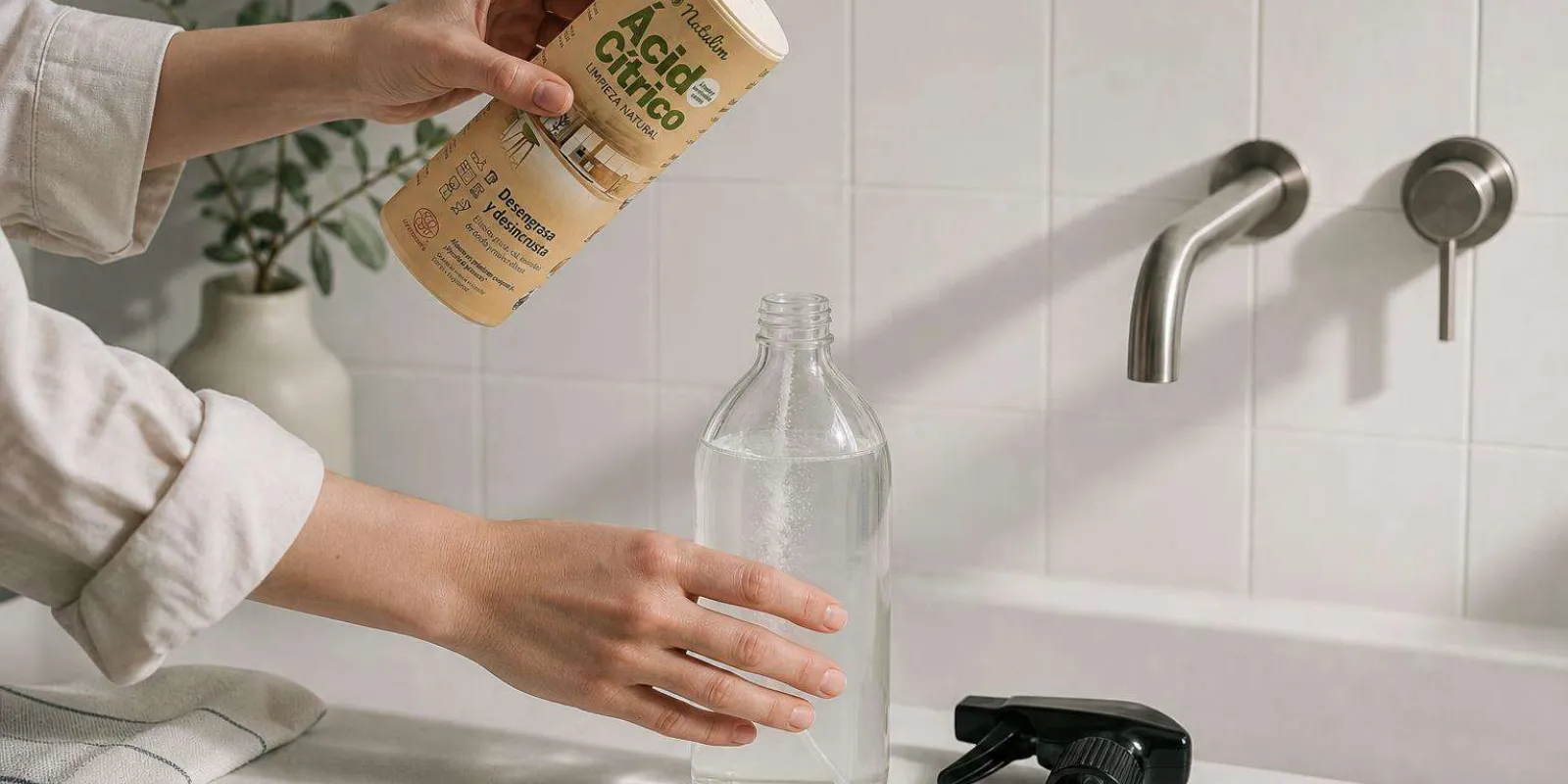 Preparación de solución de ácido cítrico en polvo disuelto en botella de vidrio con pulverizador para limpiar la cal del grifo