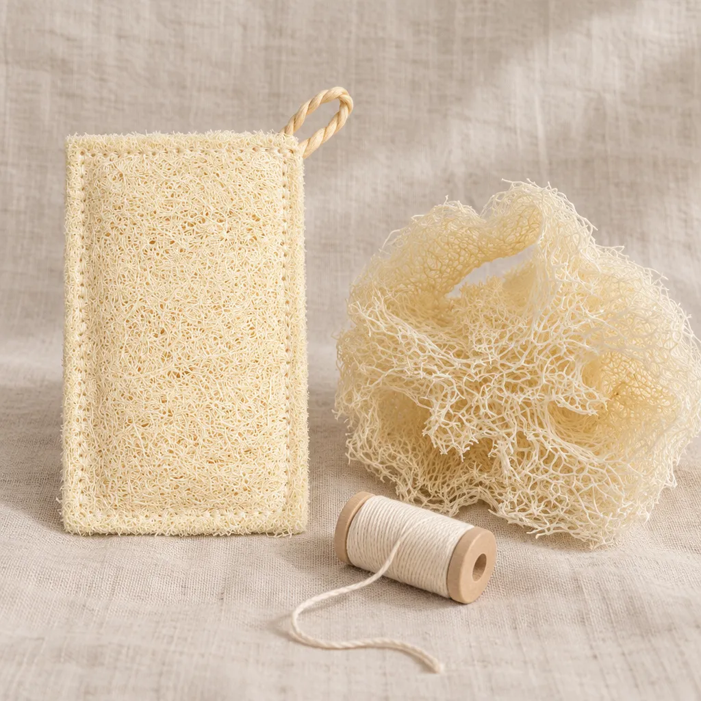 estropajo de luffa con su borde cosido junto a un trozo de fruto de luffa seco y un carrete de hilo de algodón