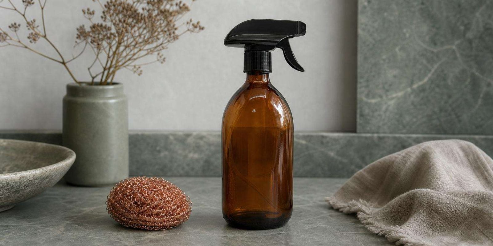 Spray de mantenimiento de bicarbonato en botella de vidrio ámbar con estropajo de cobre para el horno
