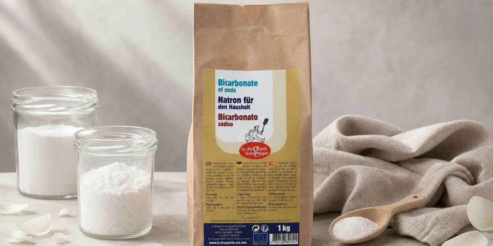 Percarbonato, bicarbonato y ácido cítrico en tarros de vidrio para limpiar la lavadora de forma natural