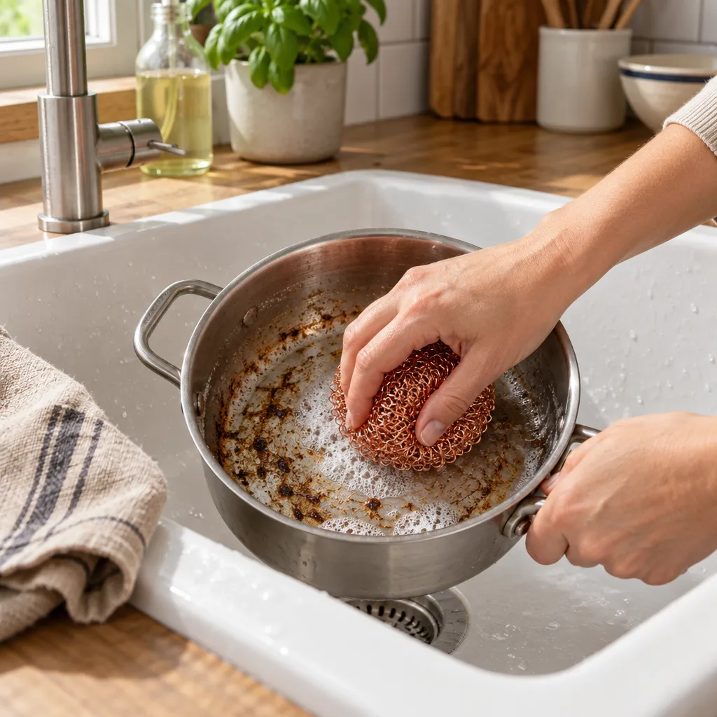 mano frotando el fondo de una olla de acero inoxidable con un estropajo de cobre en el fregadero