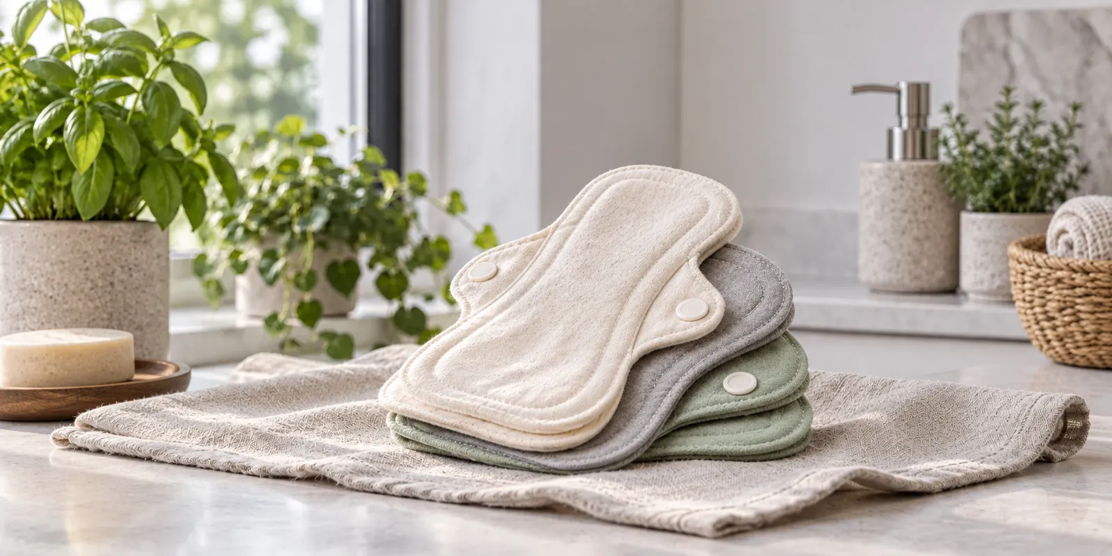 Compresas de tela reutilizables con broches en crudo, gris y verde sobre una toalla de lino