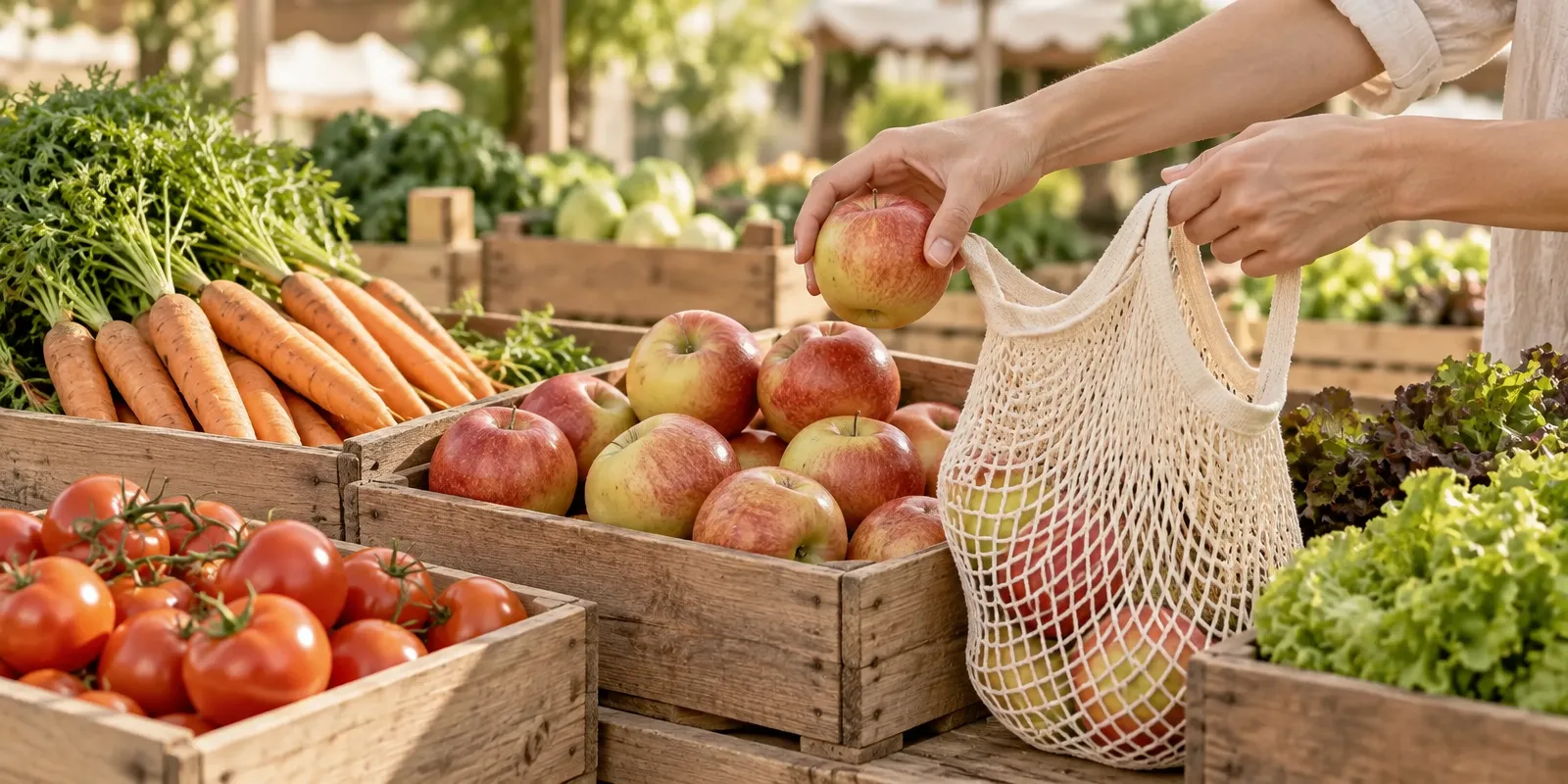 Mano metiendo manzanas en una bolsa de malla de algodón en un puesto de fruta y verdura