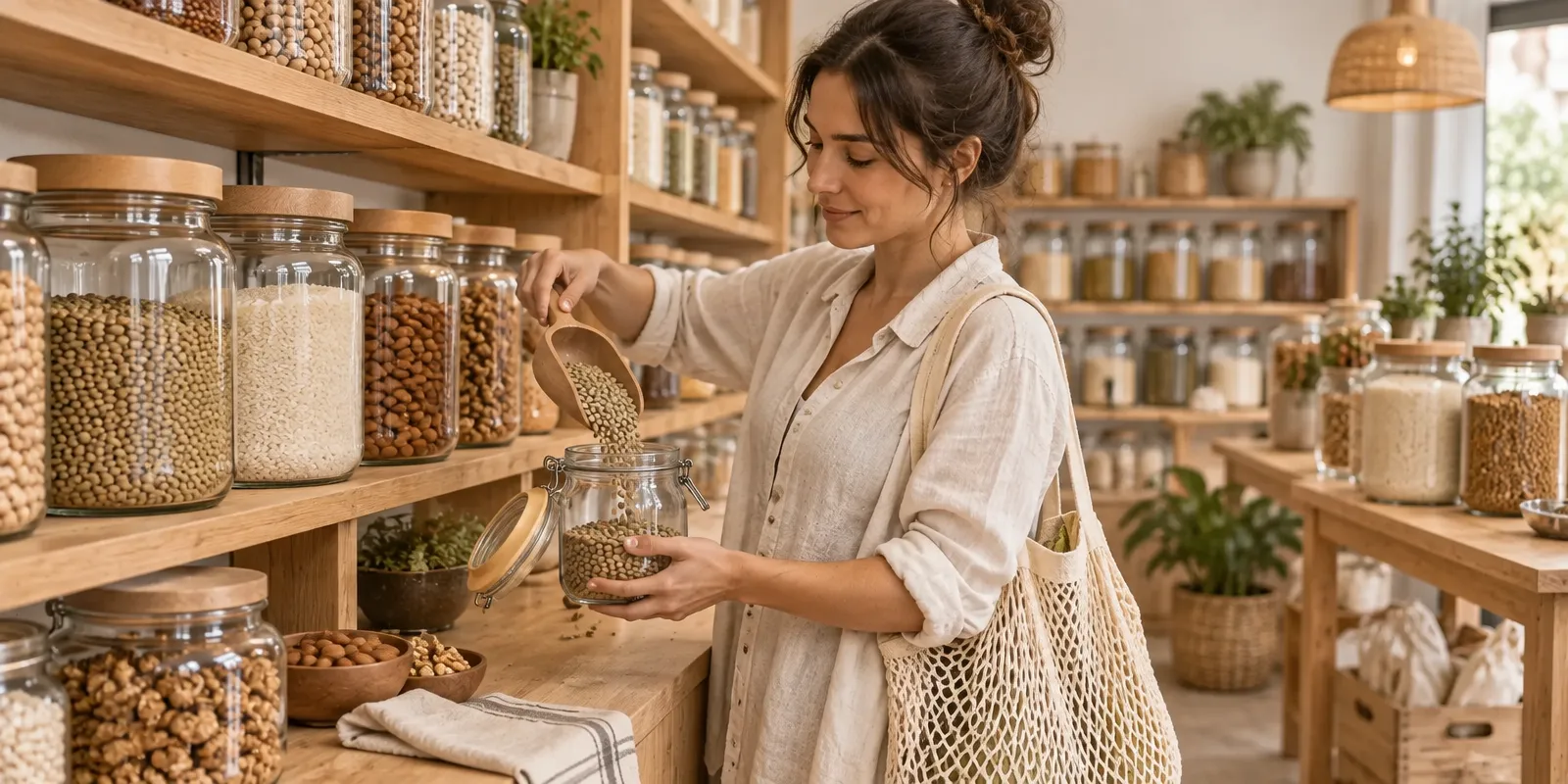 Mujer llenando su propio tarro de cristal con una pala de madera en una tienda a granel