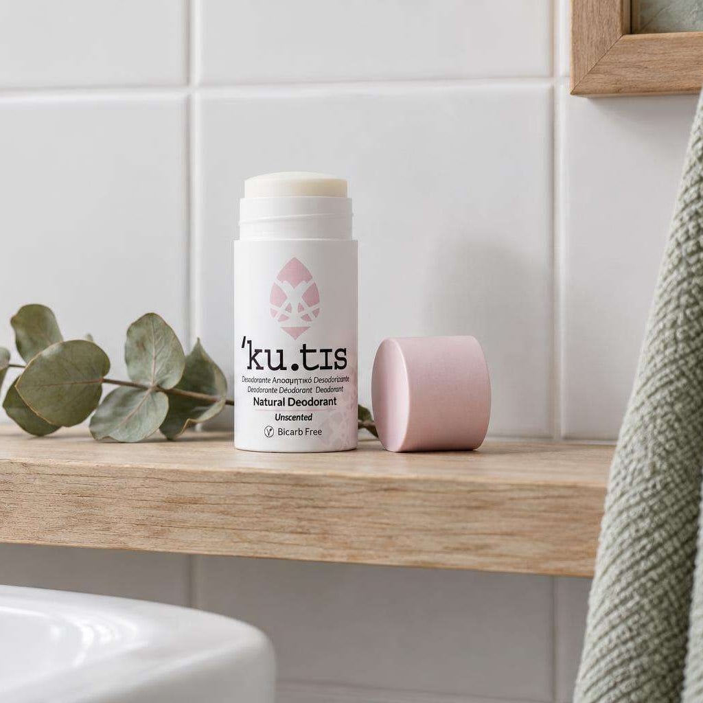 Desodorante natural Kutis sin bicarbonato y sin fragancia, abierto, en la repisa del baño con eucalipto