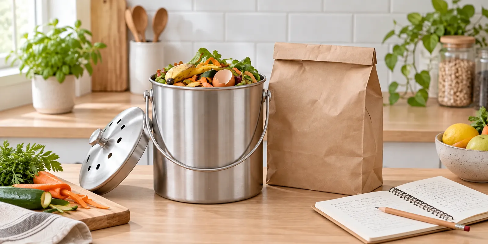 Cubo de compost de acero con restos de verdura, una bolsa de papel kraft y un cuaderno con una lista