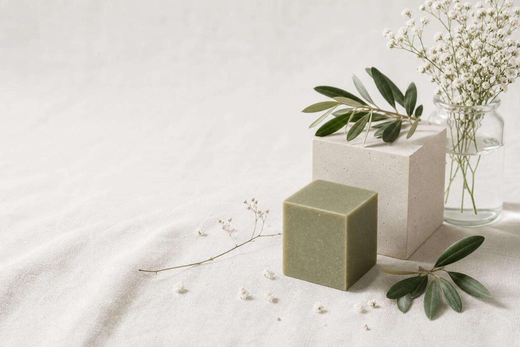 Jabón natural cúbico, ramas de olivo y flores blancas sobre fondo de lino