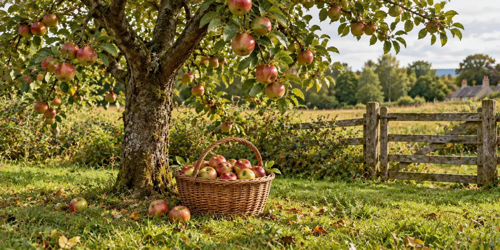 Manzano cargado de fruta en un prado con una cesta de mimbre llena de manzanas y una valla de madera