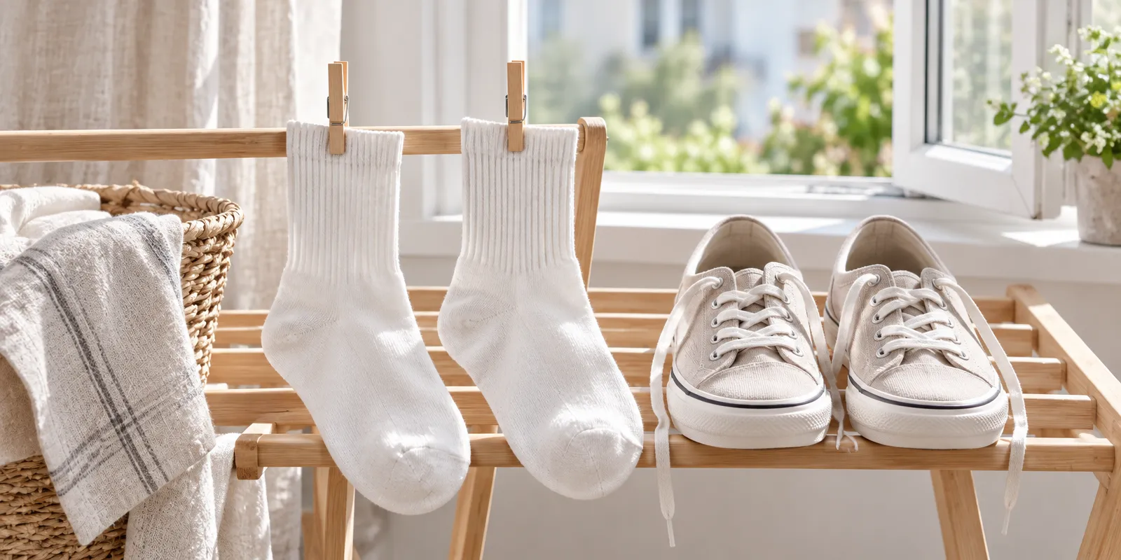 Calcetines blancos con pinzas de madera y zapatillas de lona secándose en un tendedero de bambú junto a una ventana abierta