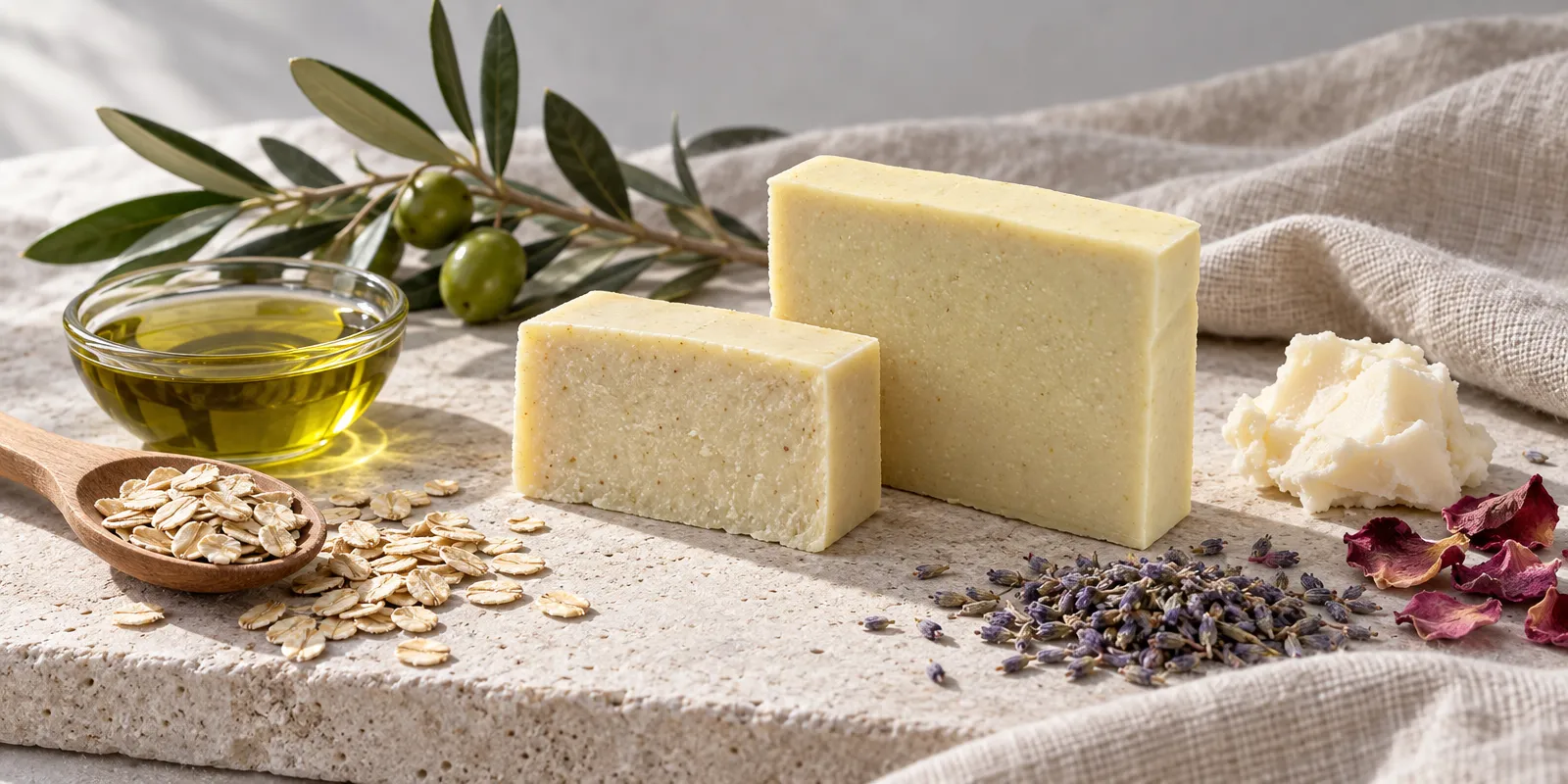 Jabón sólido de avena entero y cortado junto a aceite de oliva, copos de avena, lavanda y pétalos de rosa sobre piedra y lino