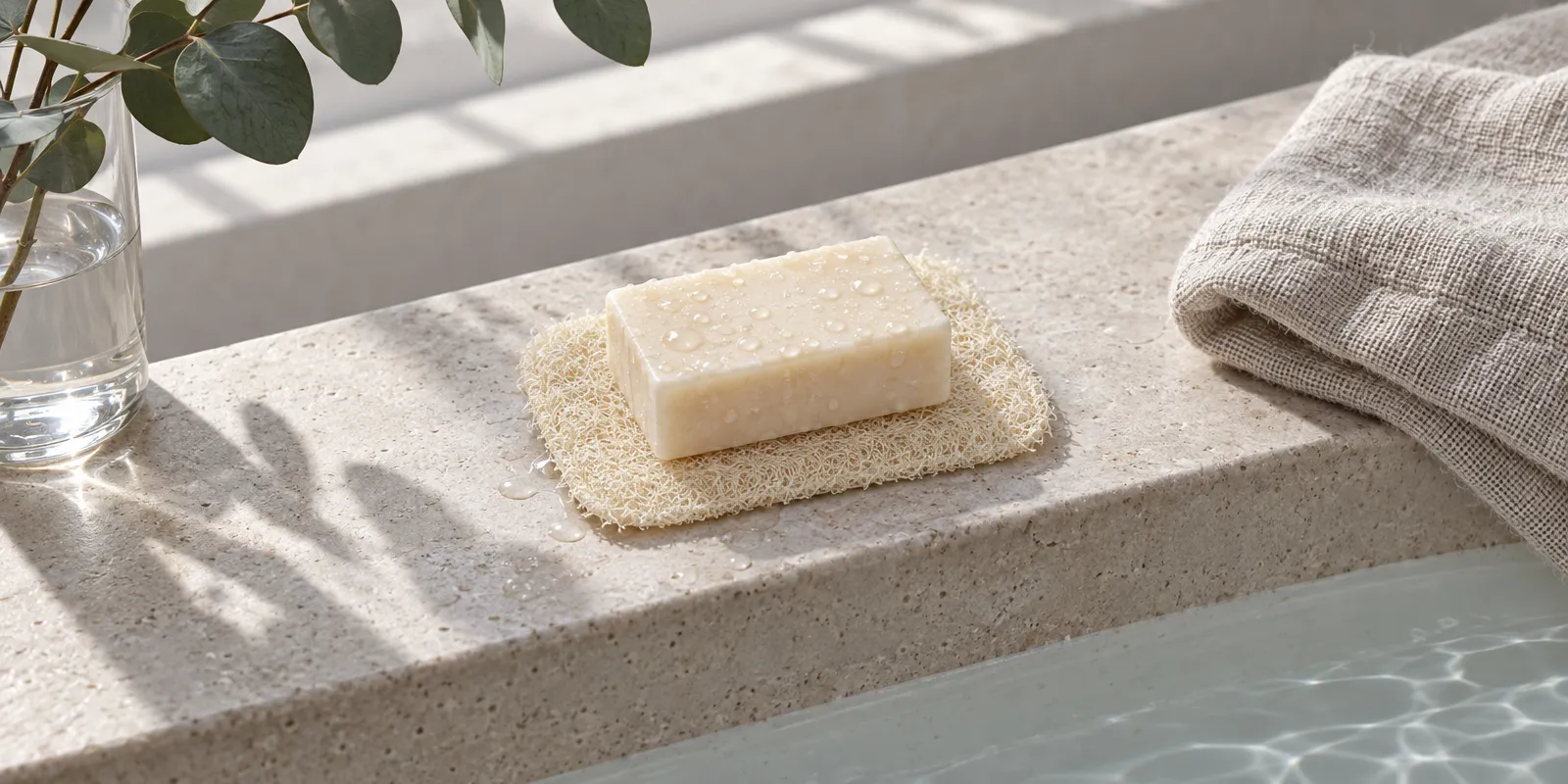Pastilla de jabón natural sobre la jabonera plana de luffa en el borde de la bañera, junto a una toalla de lino