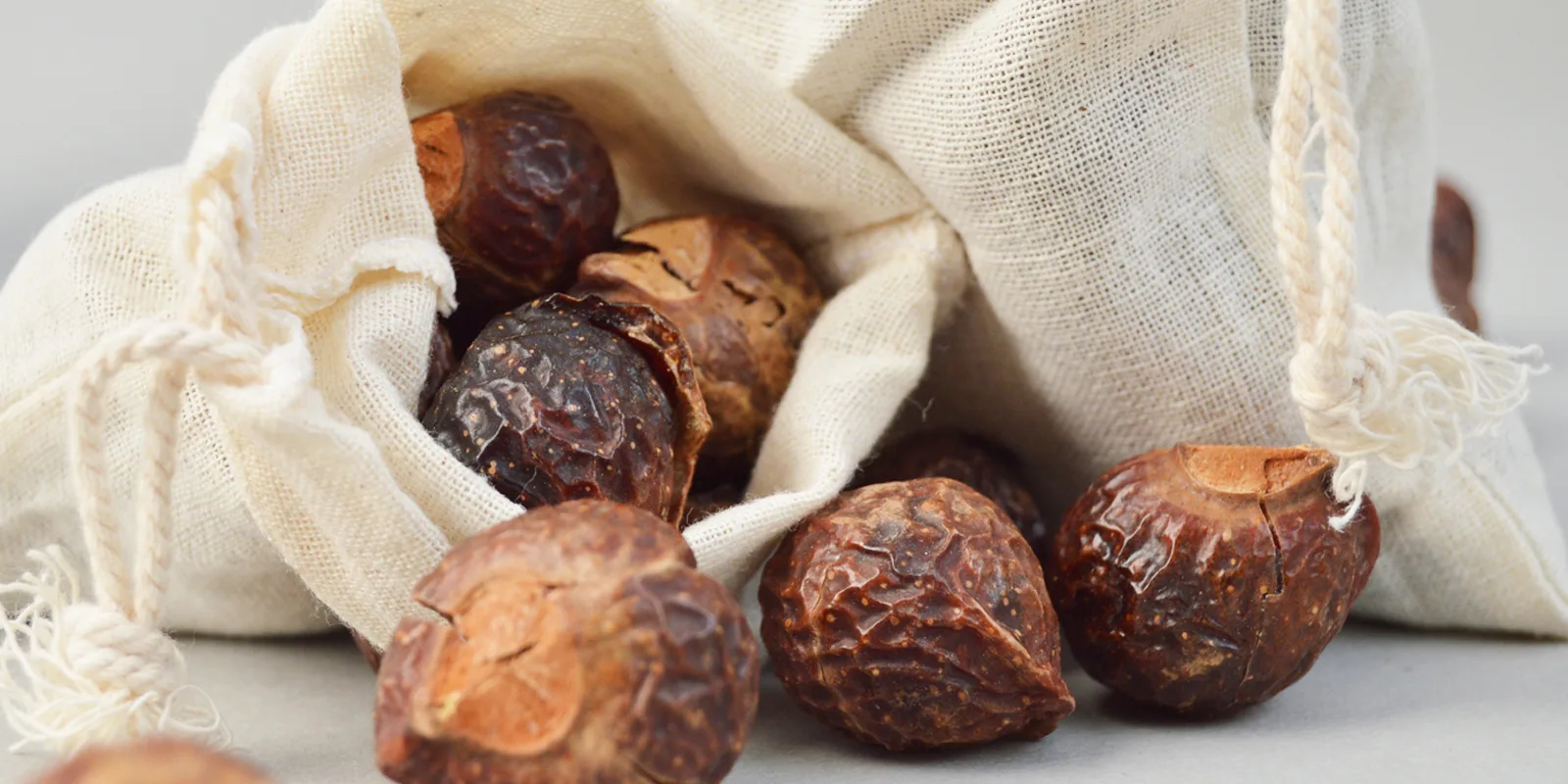 Bolsa de algodón crudo con cordón de la que se desparraman nueces de lavado marrones, qué son las nueces de lavado