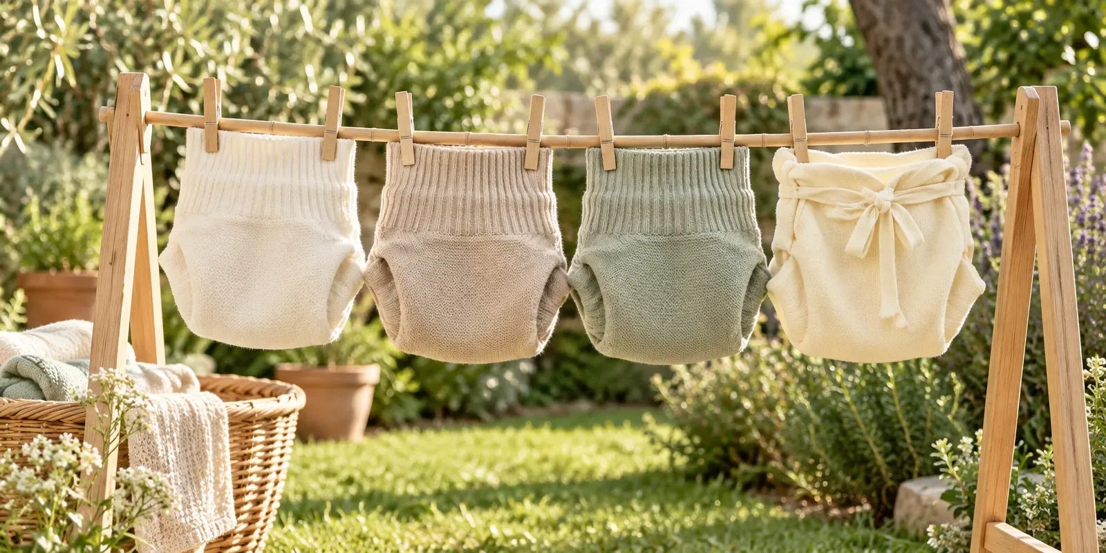Cubrepañales de lana en tonos crudo, beige y verde salvia colgados con pinzas de madera en un tendedero en un jardín