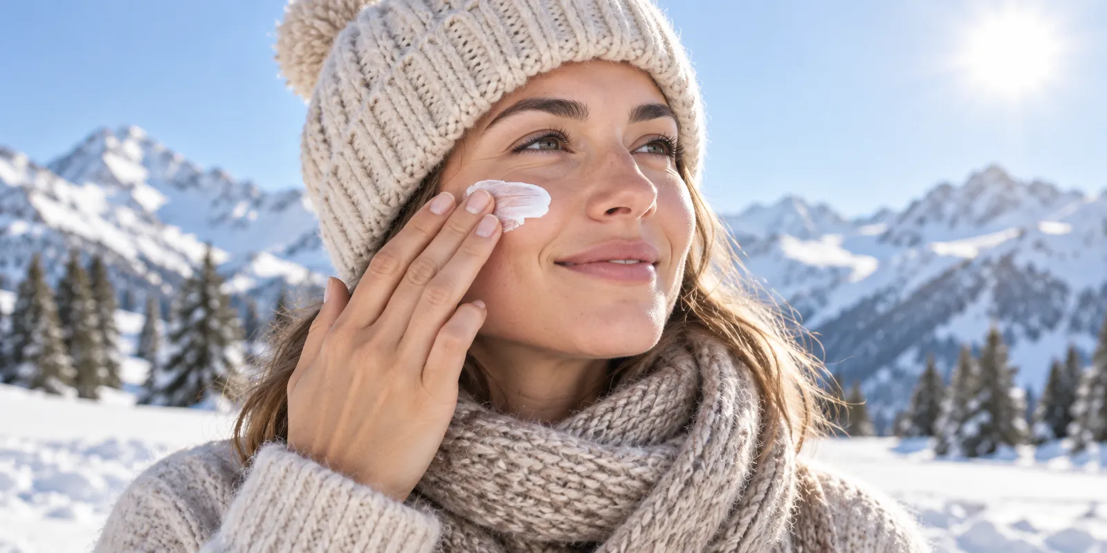 Mujer con gorro y bufanda de lana extendiéndose crema solar en la mejilla en una montaña nevada