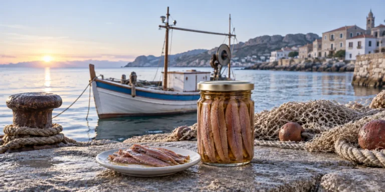 Barca de pescadores en un puerto mediterráneo al amanecer con un tarro de anchoas en aceite y redes sobre el muelle